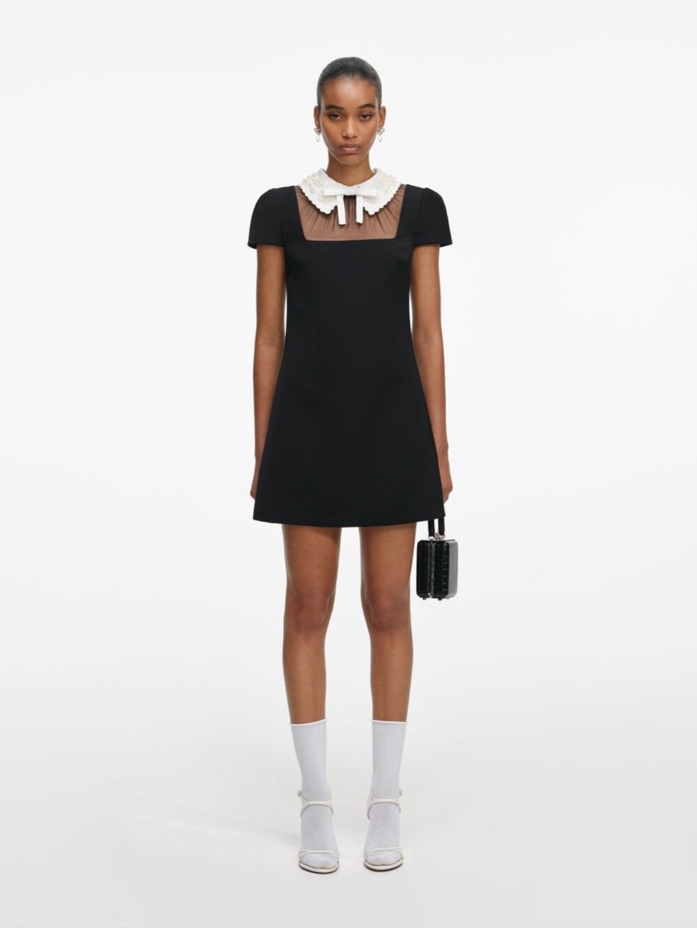 Self-Portrait Black Crepe Bow Collar Mini Dress Size US 6  NWOT